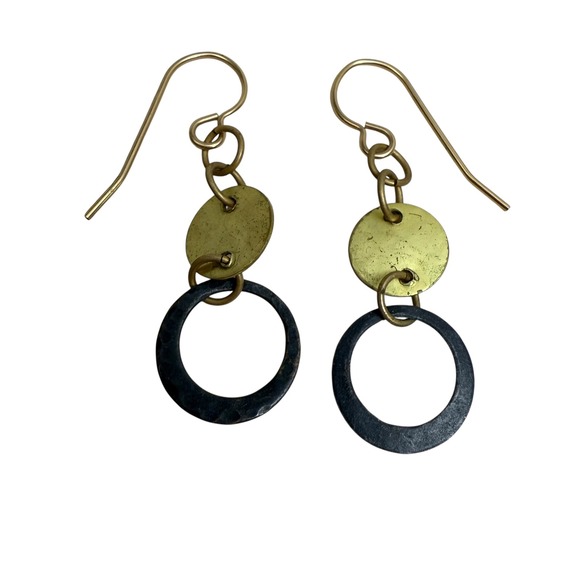 Gold Tone Hammered Dangle Earrings Circle Drop Modern Pierced Fashion Jewelry - Picture 1 of 4